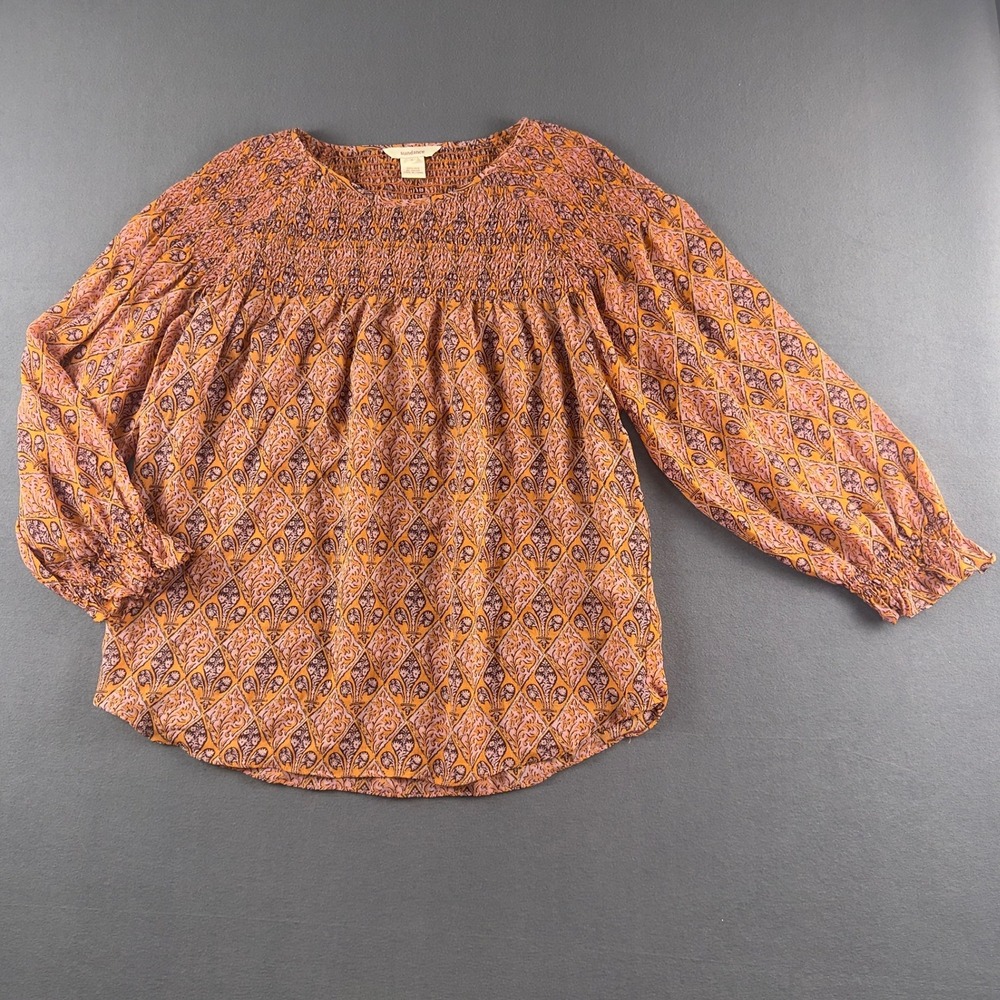 Sundance 100% Silk Smocked Yoke Blouse Orange Pink Paisley Boho Top Small